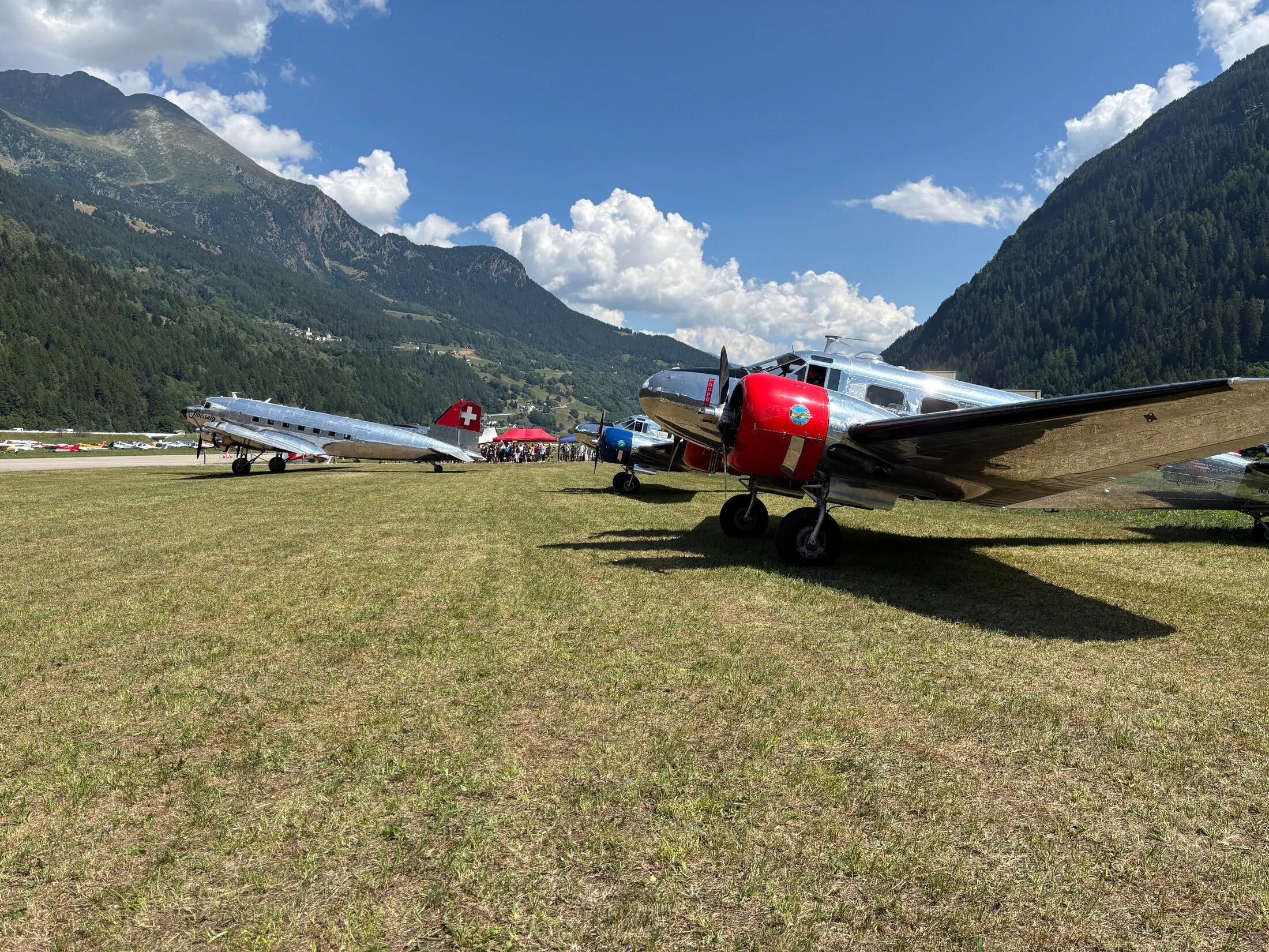 Line-up of vintage aircraft including a twin and a DC-3